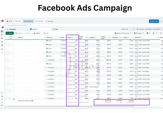 Facebook Ads Manager dashboard showing campaign results and cost-per-result