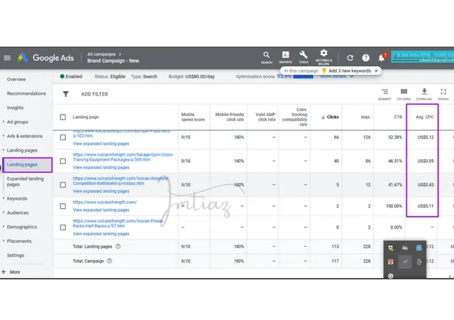 Google Ads landing page report with mobile speed score and CTR