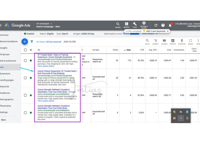 Google Ads ad group view with responsive search ads and CTR