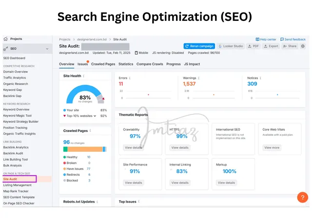 SEMrush site audit dashboard showing overall site health score