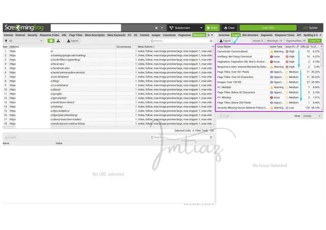 Screaming Frog SEO Spider crawl report showing site issues by priority