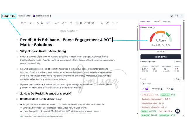 Surfer SEO content editor showing content score and keyword usage