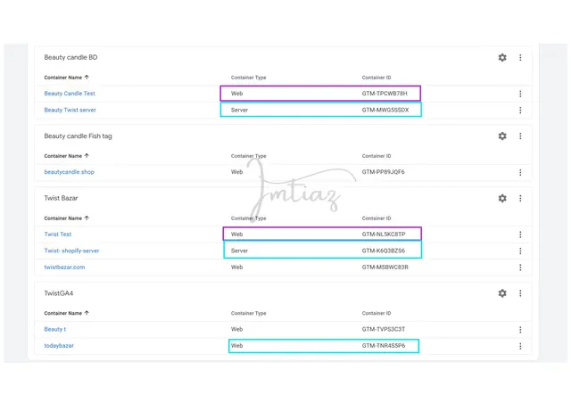 Google Tag Manager containers list for web and server tracking