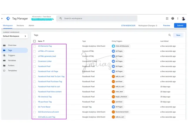 Google Tag Manager tags list including Meta Pixel and GA4 events