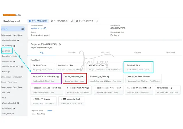 GTM preview mode showing Meta Pixel purchase tag firing correctly