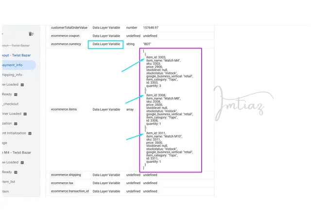 GTM data layer variables showing ecommerce items and order value