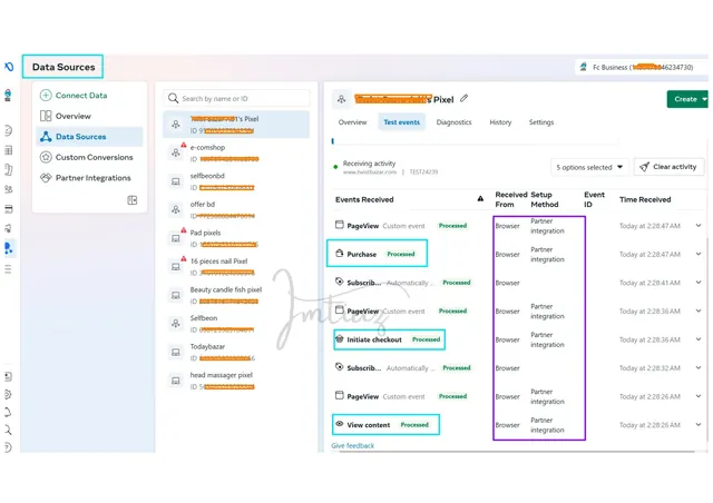 Meta Events Manager showing test events received from the website