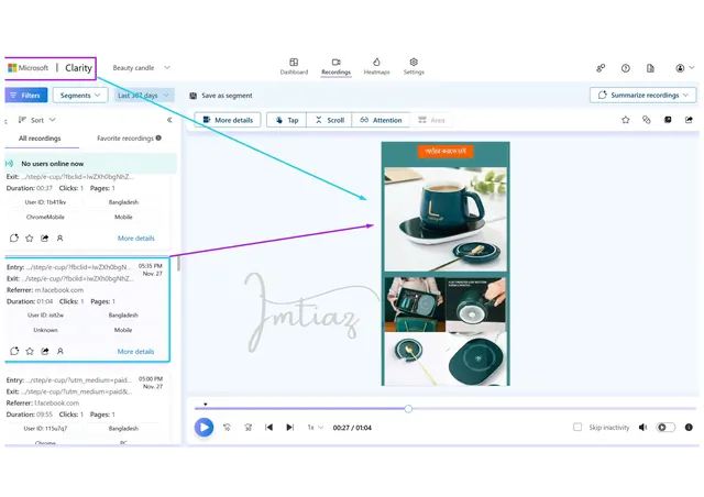 Microsoft Clarity session recording of a mobile checkout page