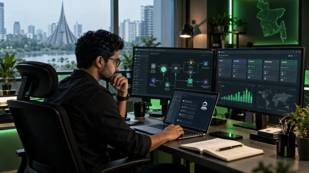 Professional at a laptop examining an AI automation workflow in a Dhaka office.