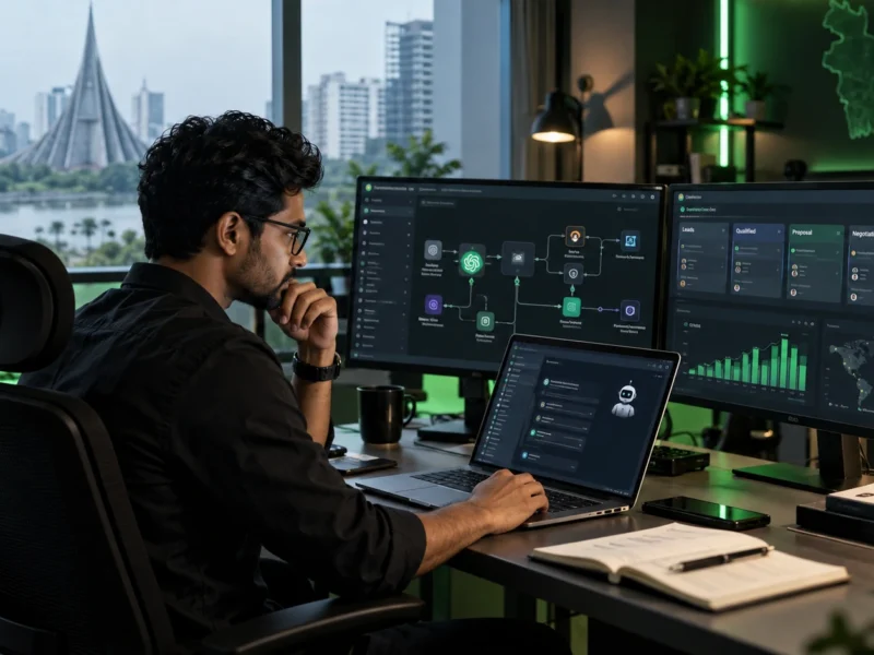 Professional at a laptop examining an AI automation workflow in a Dhaka office.