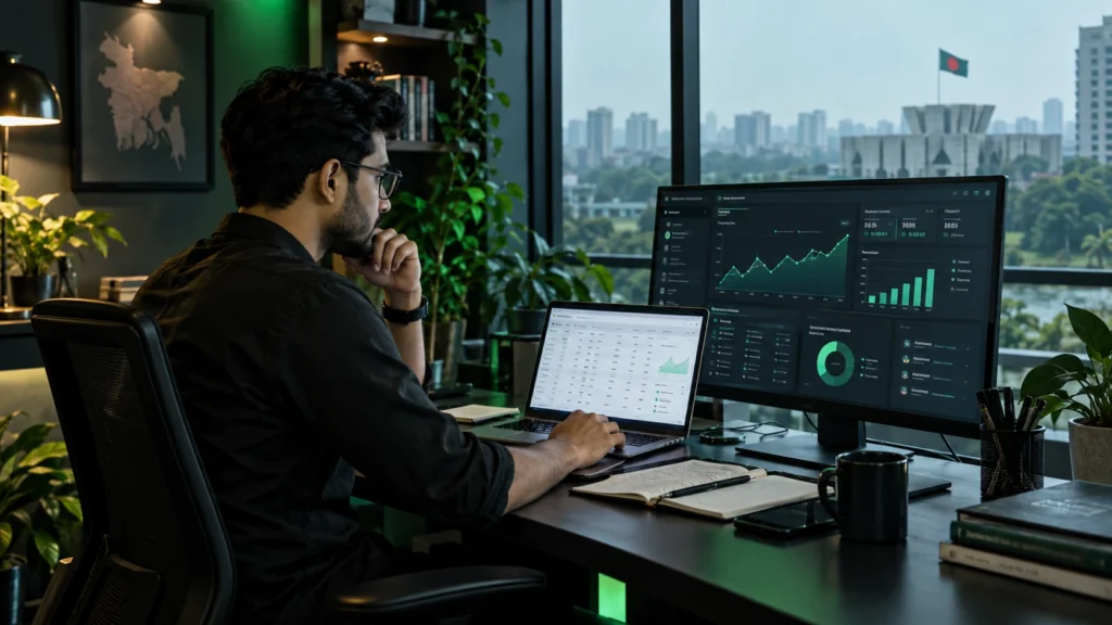 Professional reviewing performance marketing analytics on monitors in a Dhaka office.