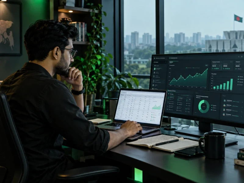 Professional reviewing performance marketing analytics on monitors in a Dhaka office.